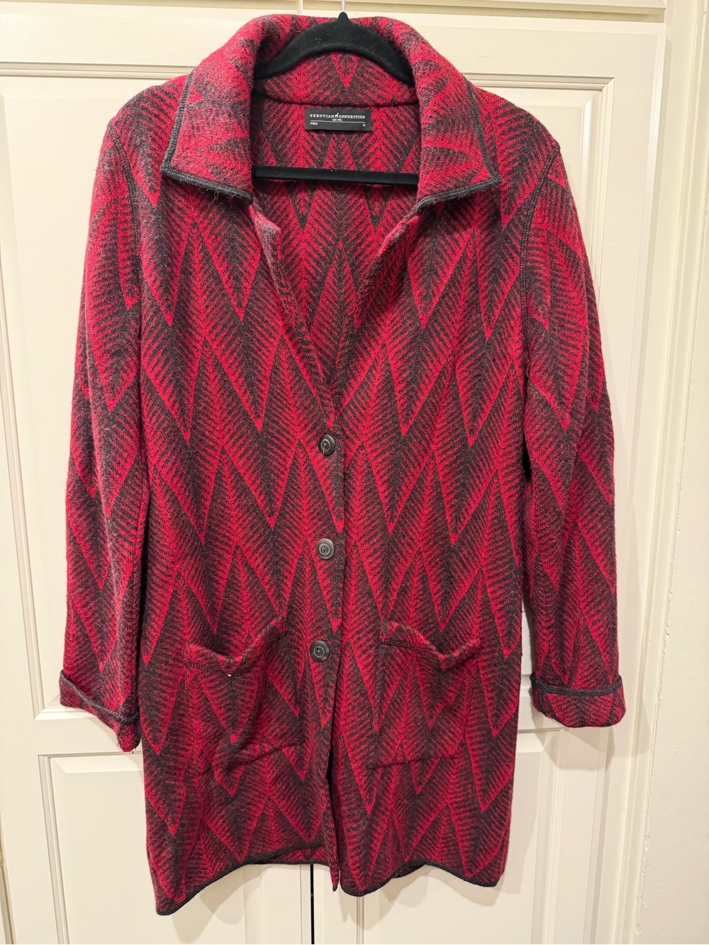 Peruvian Connection Red/Charcoal Baby Alpaca Wool  Chevron Cardigan Jacket